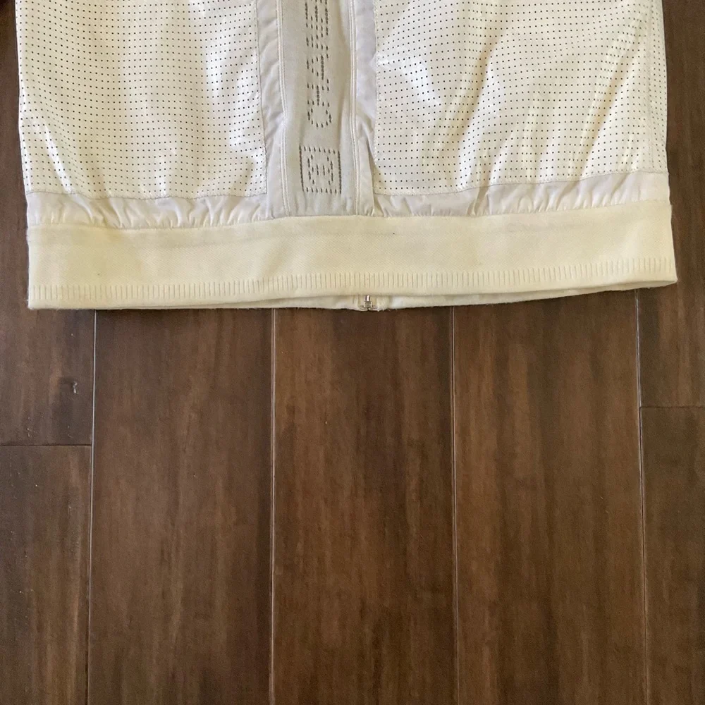 Chanel White Size 8-10 Perforated Leather Bomber Jacket Branded Back Stripe